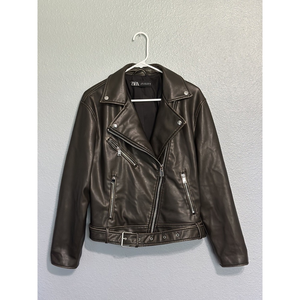 Zara Dark Brown Faux Leather Biker Jacket With Silver Zips Women's Size Medium